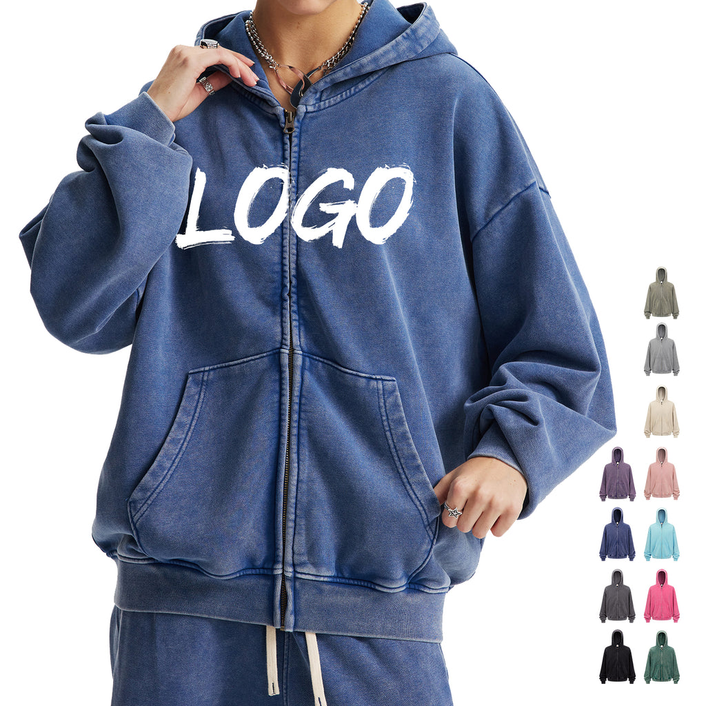 100% Cotton Hoodies Heavyweight Streetwear Custom Zip up Vintage Distressed High Quality Acid Wash Blank Fashion Hoodie for Men