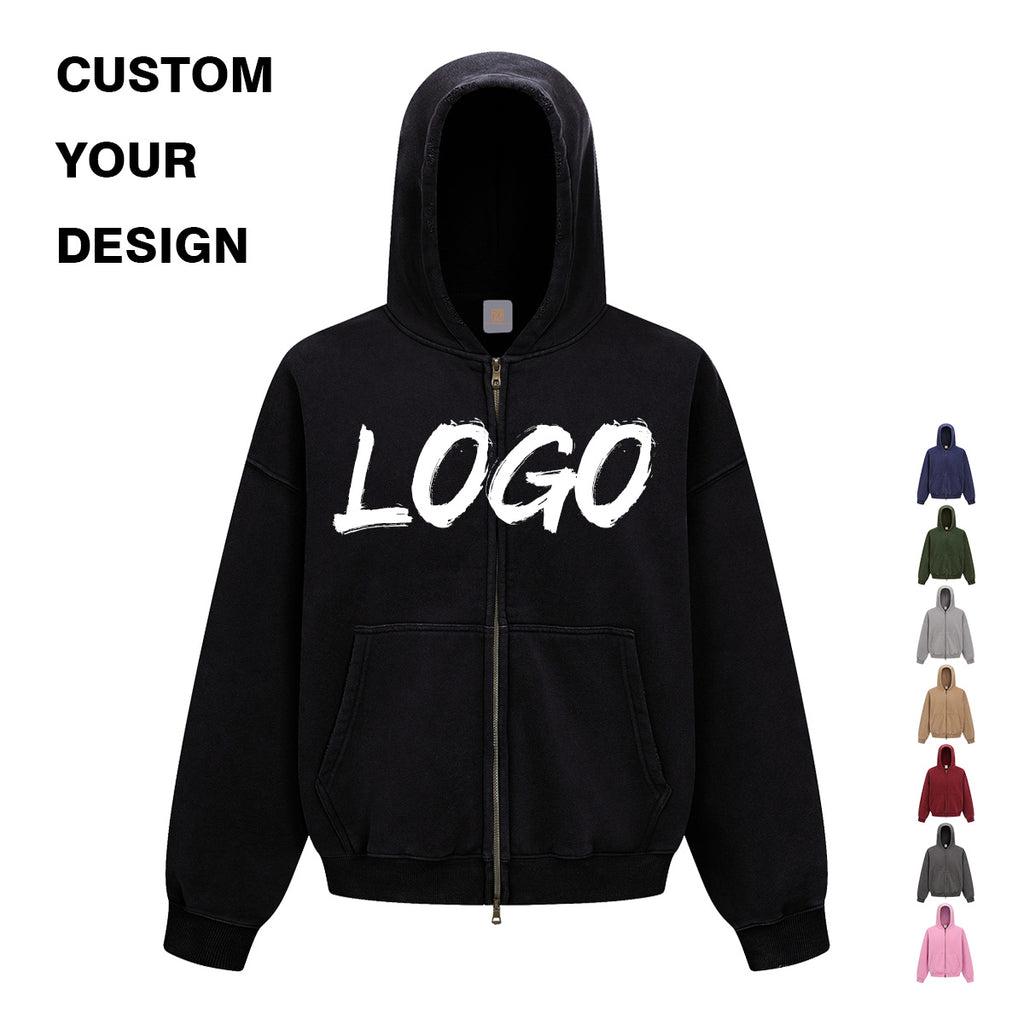 Custom Zip up Hoodies Polyester/Cotton Streetwear Boxy Short Style High Quality Waxing Printing Acid Washe Wholesale Hoodies
