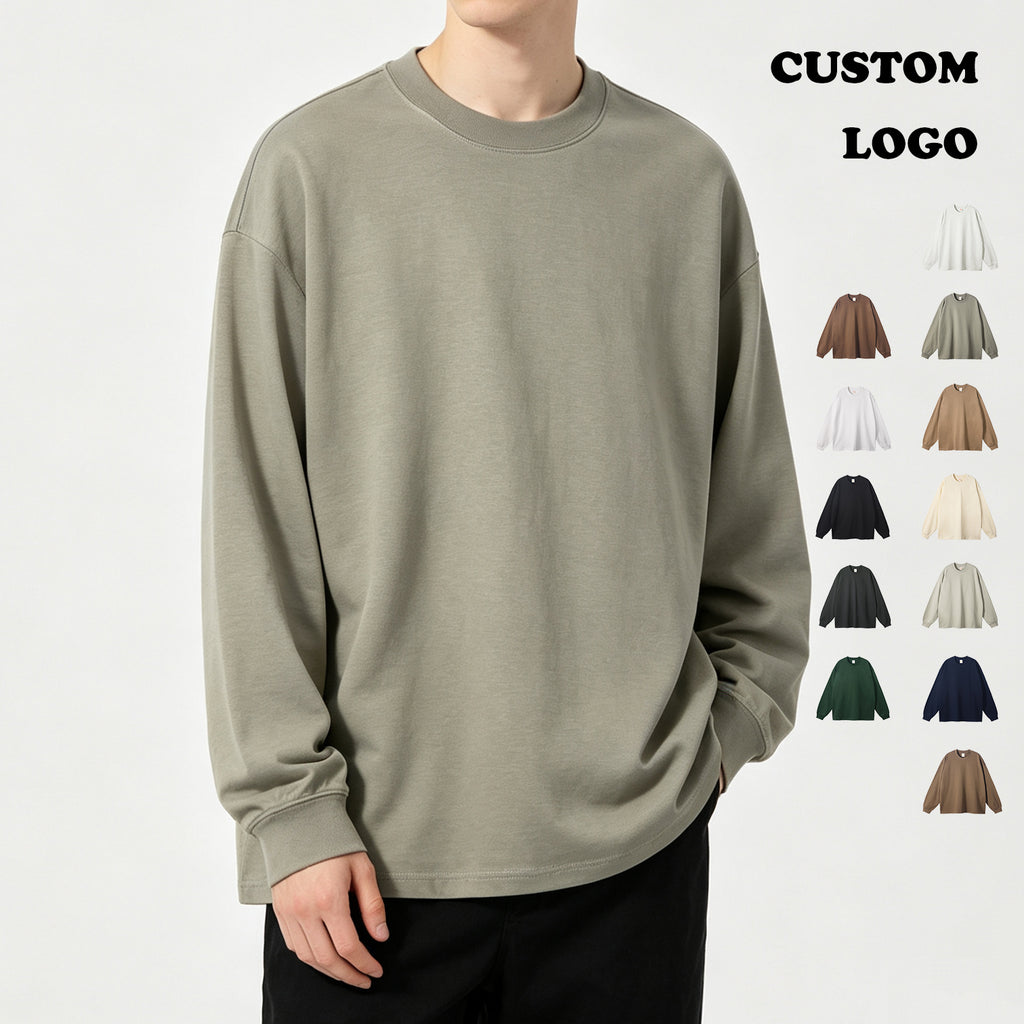 Men's Cotton T-shirt Custom Puff Printing Heavyweight Drop Shoulder Round Neck Long Sleeve Streetwear Personalized T-shirt