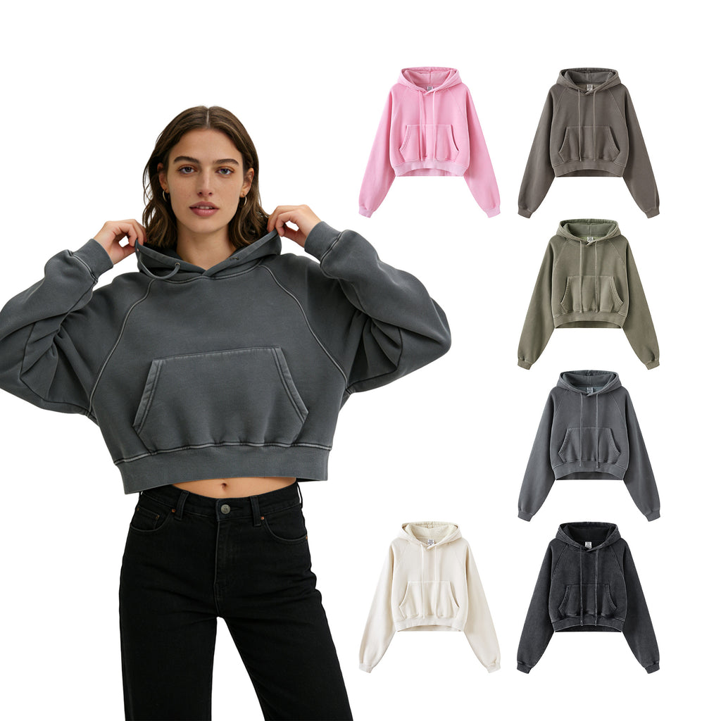 Custom Vintage Washed Streetwear Crop Top High Quality Sublimation Fashion Wholesale Hoodies Women's Hoodies Sweatshirts