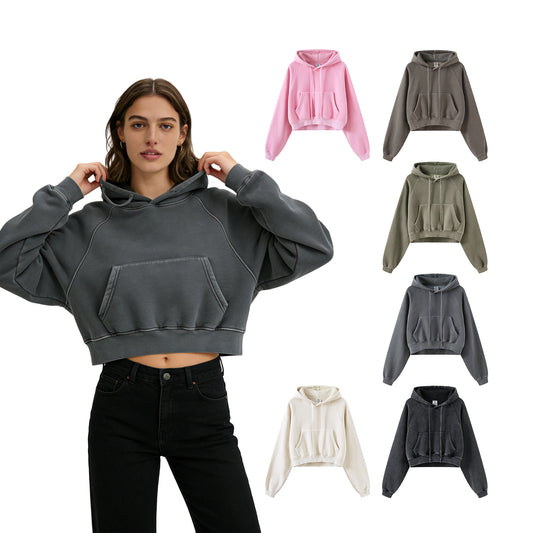 Custom Vintage Washed Streetwear Crop Top High Quality Sublimation Fashion Wholesale Hoodies Women's Hoodies Sweatshirts