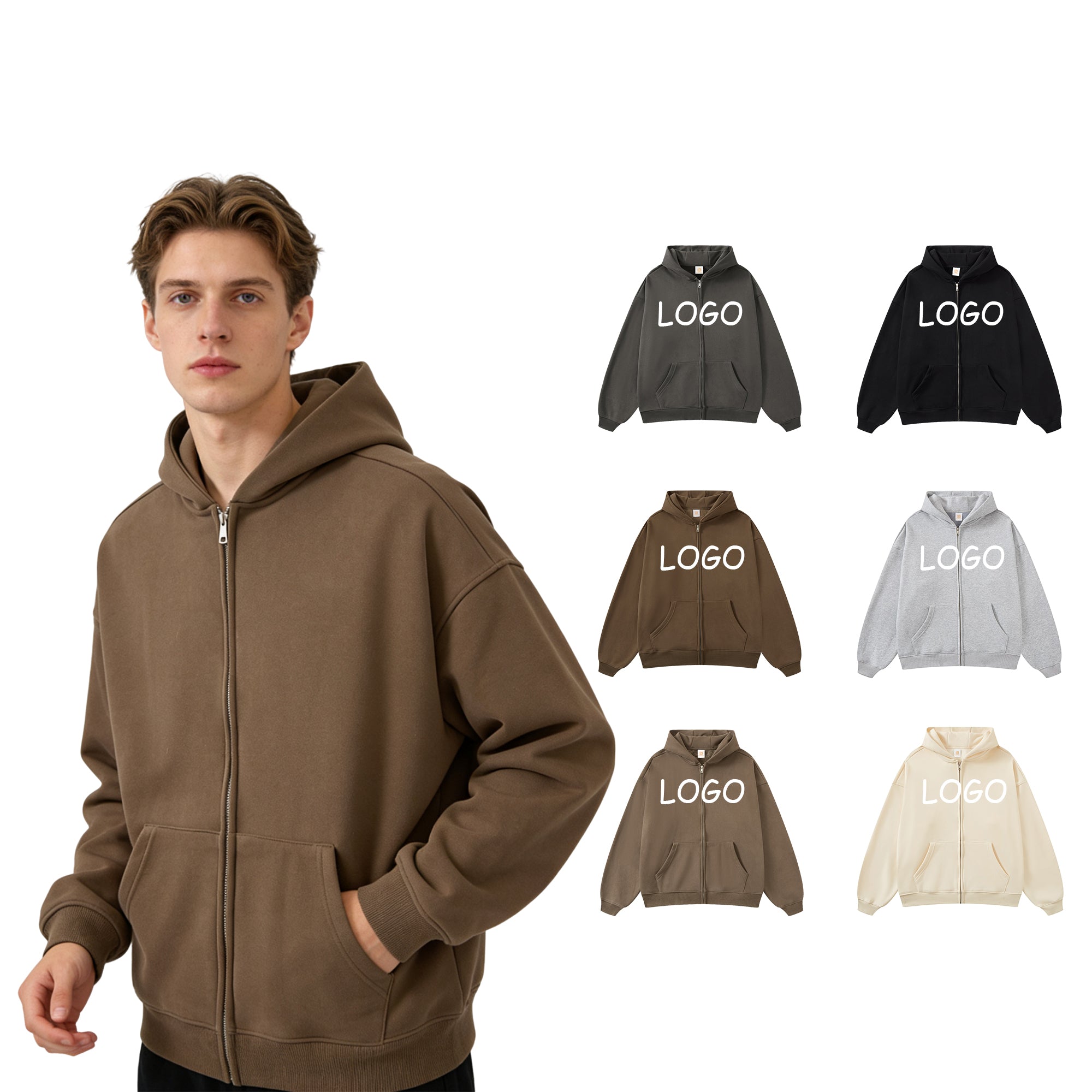 Custom Zip up High Quality Streetwear Fleece Distressed Embroidery Heavyweight Oversized Drop Shoulder Printed Hoodies for Men