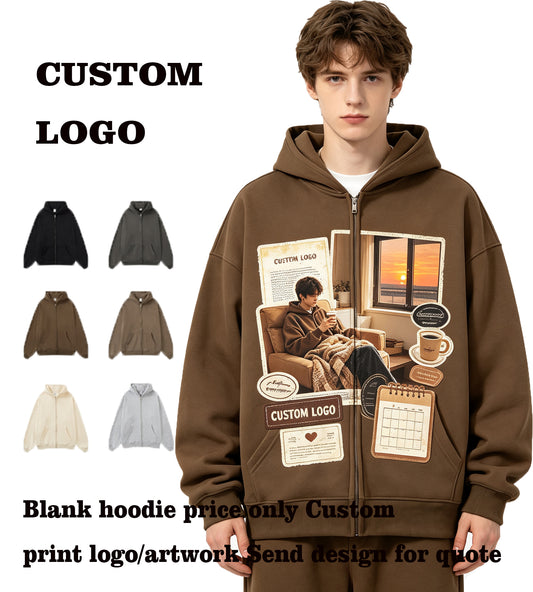 Customized Hoodies 420G Fleece Lined Non Pilling Zip Hoodie with Composite Fleece Sweatshirt Plain Hoodie American Style Design