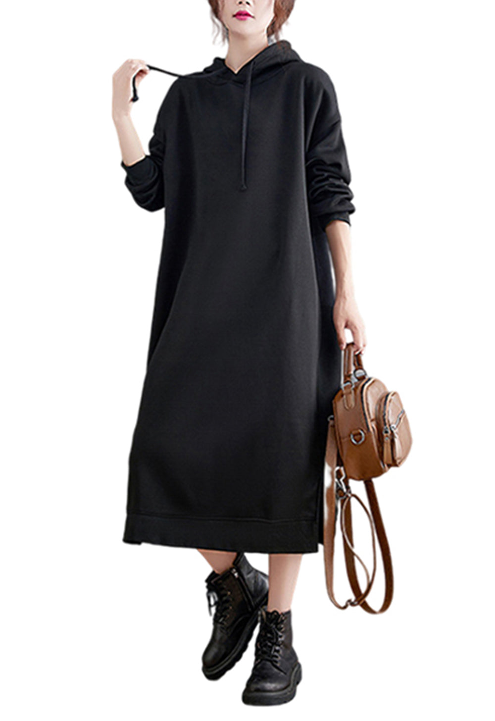 Manufacturer Hoodies 3 Color Fleece Lined Casual Hooded Drawstring Solid Color Mid Length Long Sleeved Pullover Dress for Women