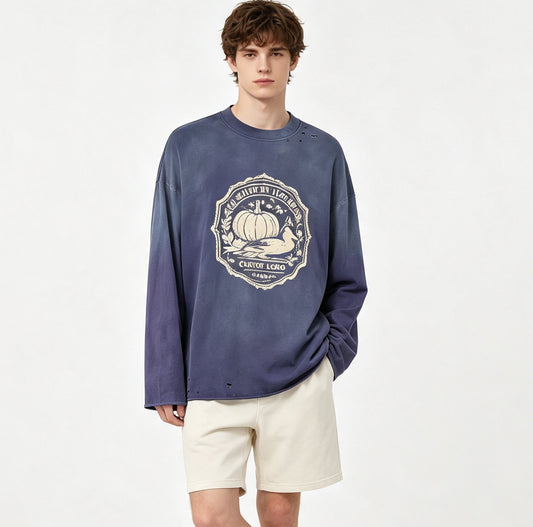 Fashion Rolled Hem Oversized Print Long Sleeve TShirt for Autumn and Winter Loose Fitting Cotton Casual Brand Long Sleeve TShirt