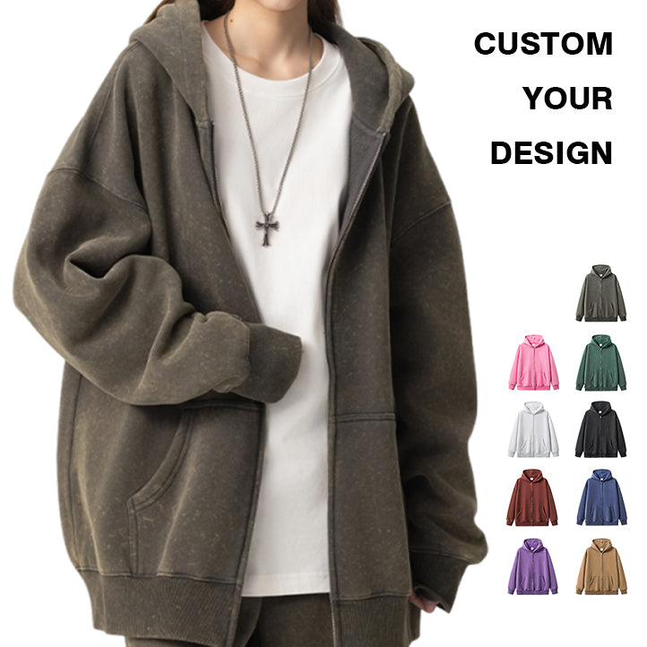 Streetwear Hoodies 360G Polyester/Cotton Unisex High Quality Custom Fleece Acid Wash Zip up Black Wholesale Drop Shoulder Hoodie