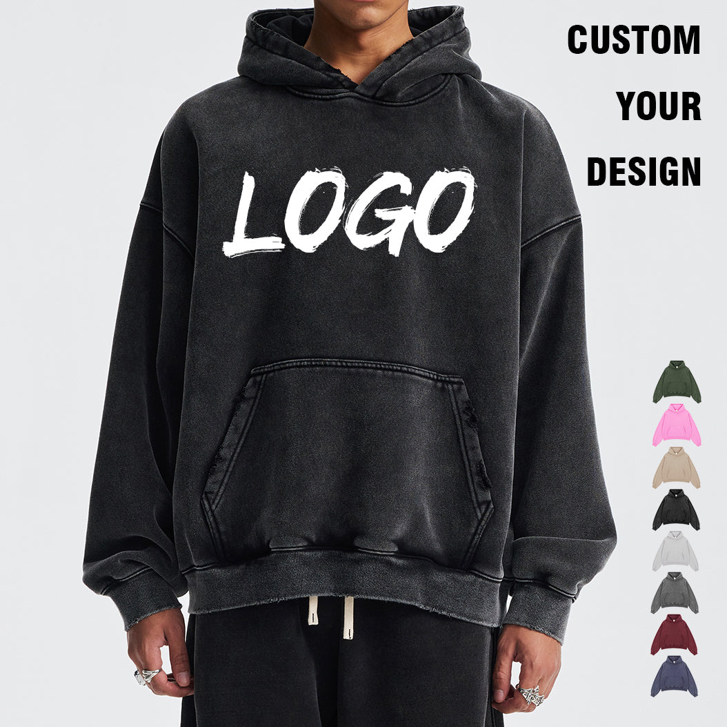 Wholesale Clothing Boxy Custom Fleece Blank Pullover Polyester/Cotton Drop Shoulder Vintage Streetwear Broken Men's Hoodies