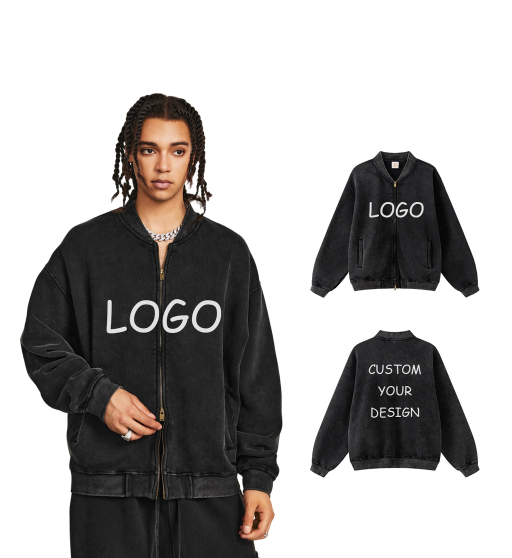 Customized High Quality Fleece Vintage French Terry Acid Wash Heavyweight Black Full Zip up Drop Shoulder Fashion Hoodie