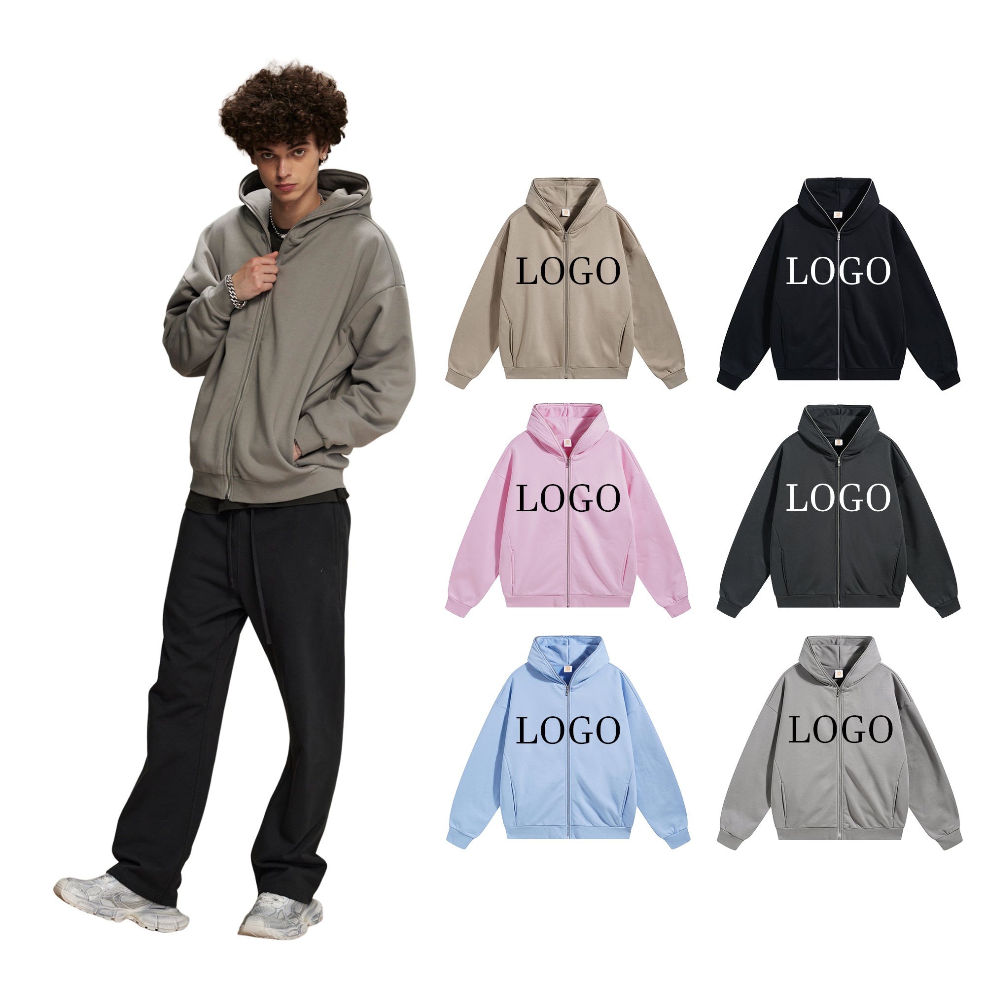 Heavyweight Drop Shoulder Custom Zip up Polyester and Cotton High Quality Pure Color Streetwear Hoodies Wholesale