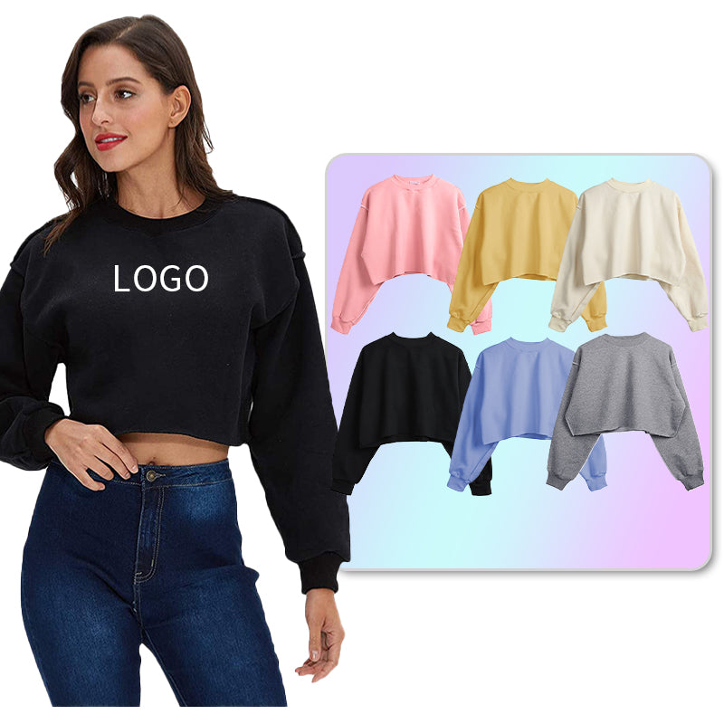 Wholesale Custom logo Frayed Hem Short Multicolored Streetwear High Quality Blank Pullover Cropped Pure Color Fashion Hoodie
