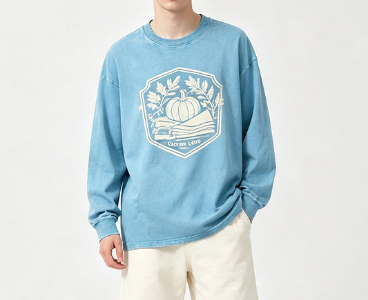 Custom American Style Pure Cotton Washed Long Sleeved Men's Shirt 270g Retro Distressed Frosted Snowflake Pattern Long Sleeves