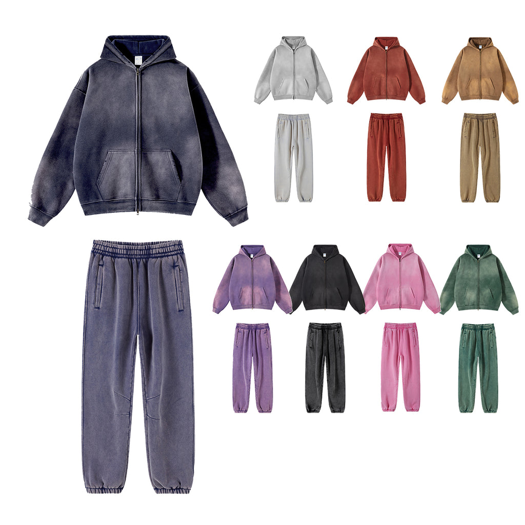 Custom logo Hoodies High Quality Vintage Waxing Printing Full Zip Streetwear Fashion Drop Shoulder Hoodies Set Bulk Wholesale