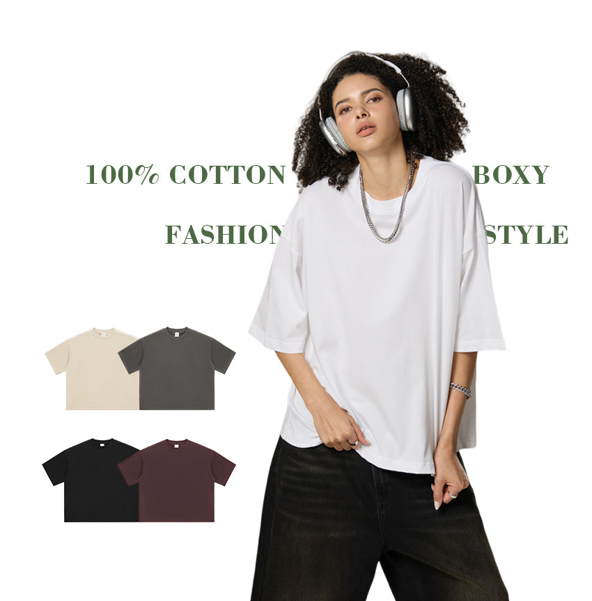 100% Cotton Boxy Loose T-short Unisex Custom logo Streetwear Drop Shoulder Unisex High Quality Round Neck Tshirt for Men Women