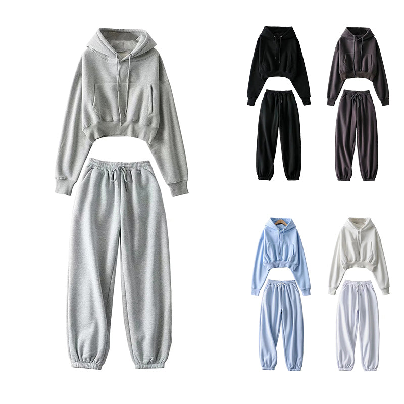 Short Hoodies Loose Fleece High Quality Blanks Pullover Crop Top Streetwear Customized 100% Cotton Sweatpants and Hoodie Set