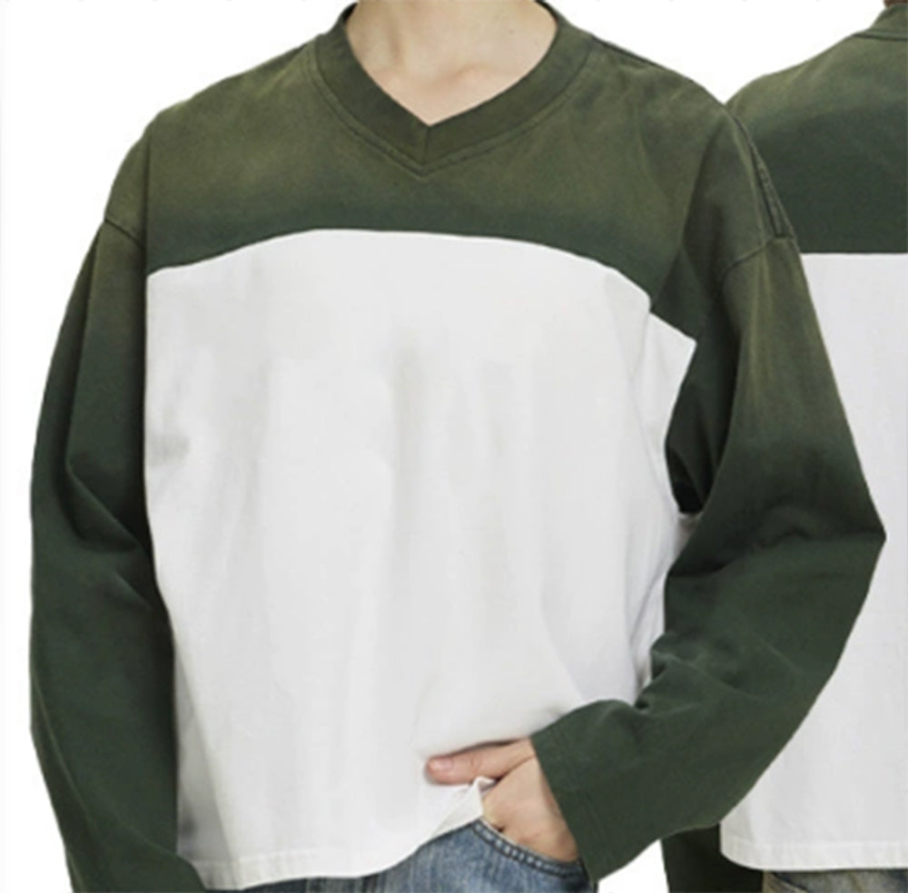 Custom Loose Short Sleeved 300g Heavyweight Pure Cotton Pullover Long Sleeved T Shirt Men's Color Matched V Neck Sports Tshirt