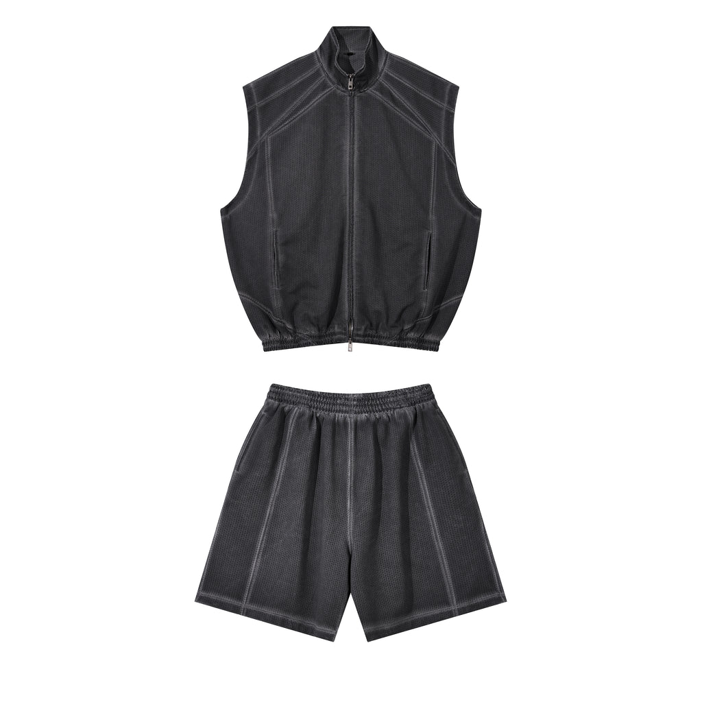 High Quality Custom T-shirt Set Black Zip up Sleeveless Fashion Summer Puff Printing Wholesale Men's T-shirt and Shorts
