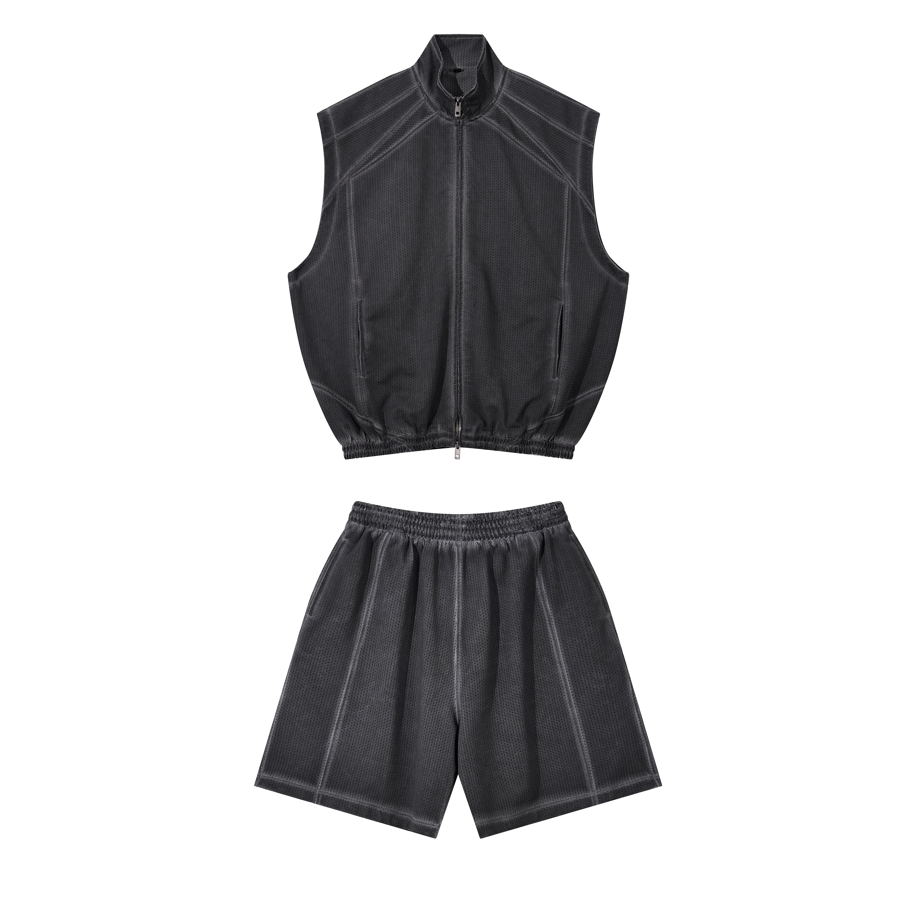 High Quality Custom T-shirt Set Black Zip up Sleeveless Fashion Summer Puff Printing Wholesale Men's T-shirt and Shorts