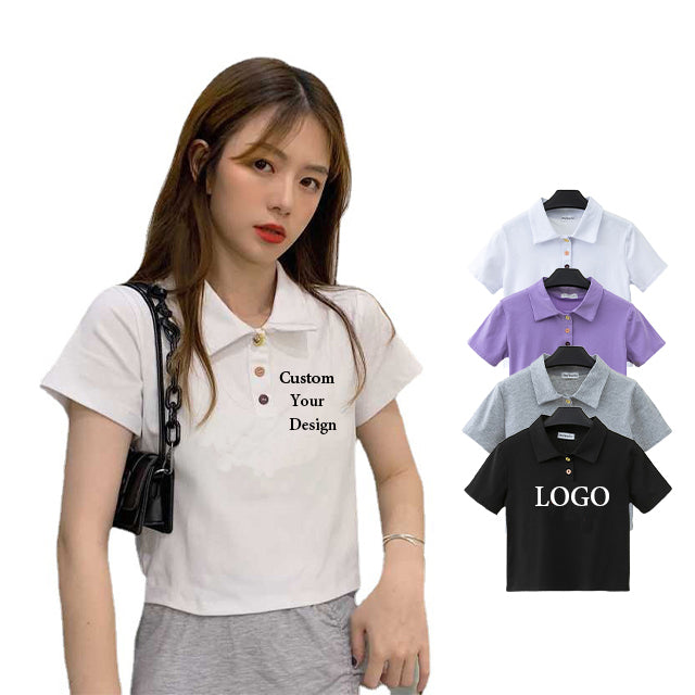 Customized High Quality Pure Color Stand Collar Streetwear Screen Print Personalized Short Sleeve Fashion T-shirt for Women