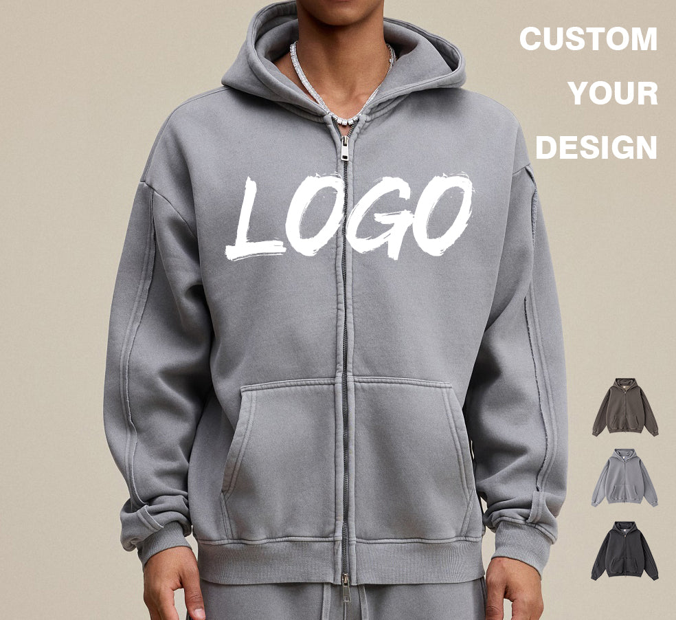 Mens Clothing Custom Hoodies Streetwear Double Zipper Acid Washe Heavyweight Blank Streetwear Oversized Fashion Men's Hoodies