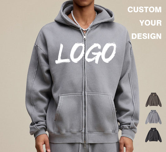 Mens Clothing Custom Hoodies Streetwear Double Zipper Acid Washe Heavyweight Blank Streetwear Oversized Fashion Men's Hoodies