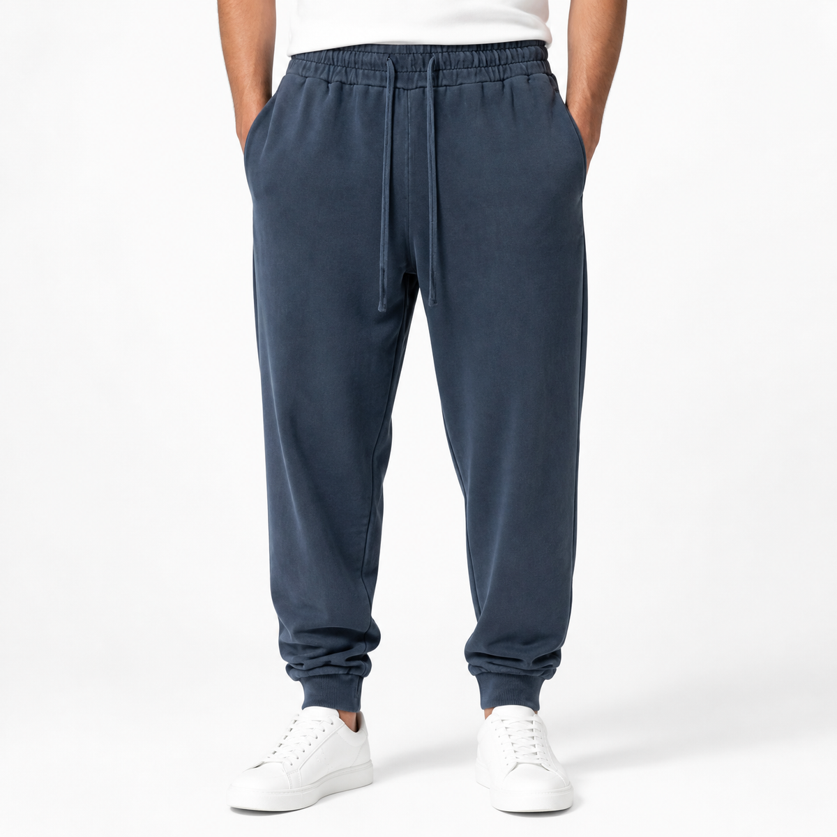 OEM Men Sweatpants 100% Cotton Blanc Loose Ankle Length Washed and Distressed Trousers American Style Fall and Winter Style