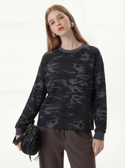Customized High Quality Camouflage Long Sleeved Textured Waffle Round Neck Loose Fitting Versatile Long Sleeve Shirt Unisex
