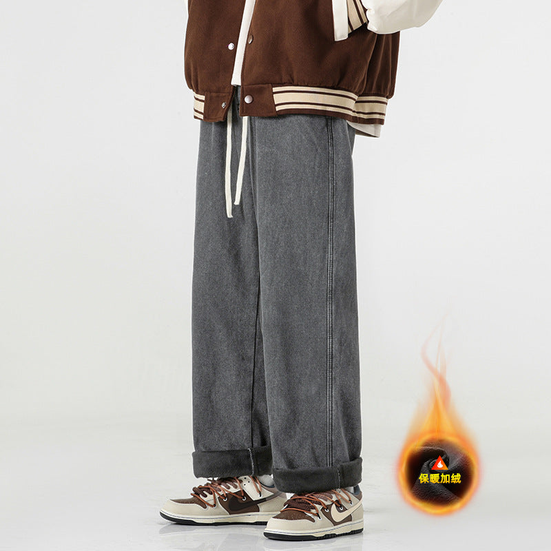 Customized 4 Color Fleece Thick and Warm Men's Jeans with Elastic Waist Trendy Brand Loose Straight Wide Leg Long Sweatpants