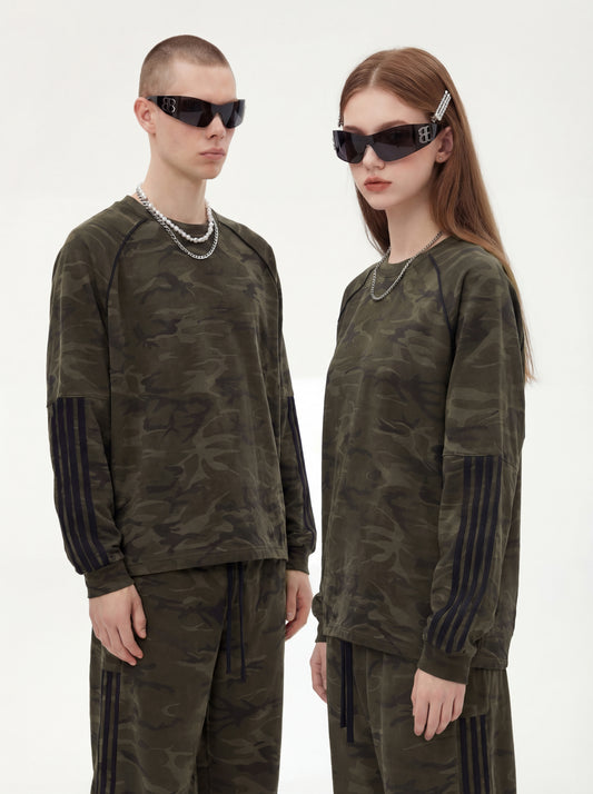 oem Sporty Woven Tape Patchwork Camouflage Long Sleeved t Shirt for Men Trendy Brand Small Collar Shoulder Long Sleeves Tshirt