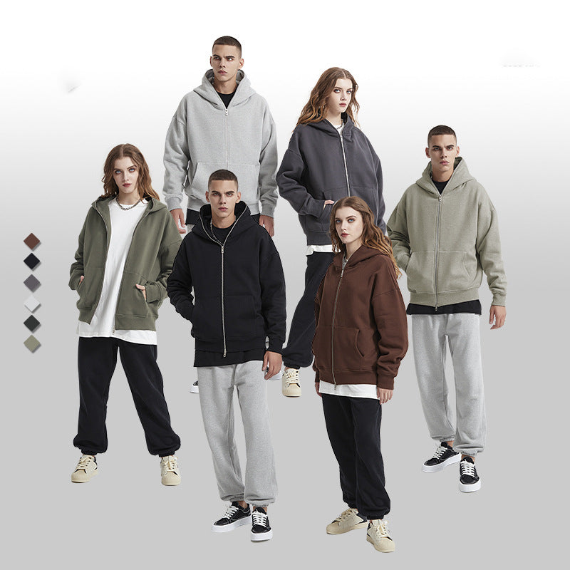 Wholesale Heavyweight Double-headed Zipper Streetwear High Quality Loose Oversized Drop Shoulder Fleece Fashion Hoodie