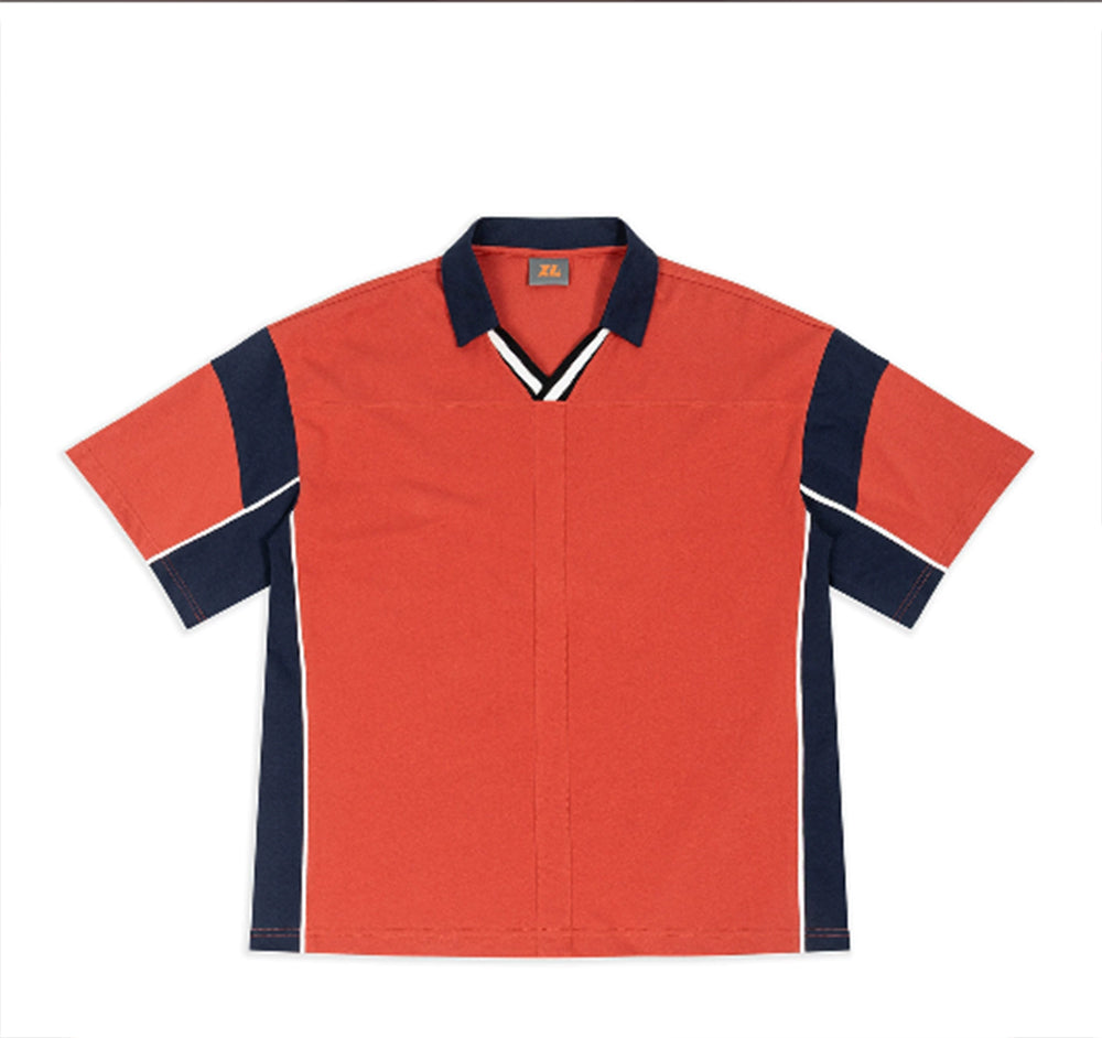 American Style Contrasting Color V Neck Pure Cotton Short Sleeved Men's Placketed Double Pleated Short Sleeved Summer Tshirt