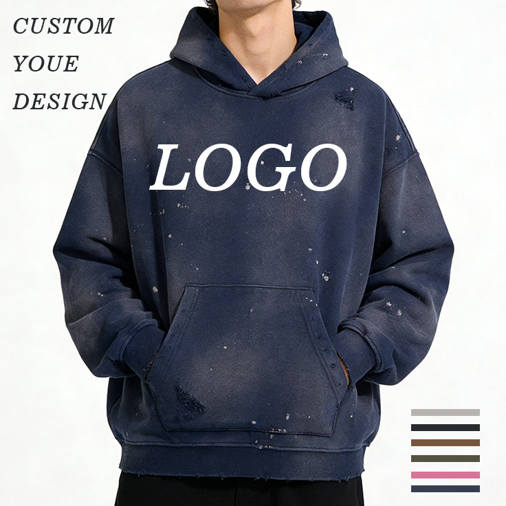 450g Heavyweight Hoodies Custom Polyester/Cotton Wax Printing Broken New Fashionable Screen Printed Mens Hoodies and Sweatshirts