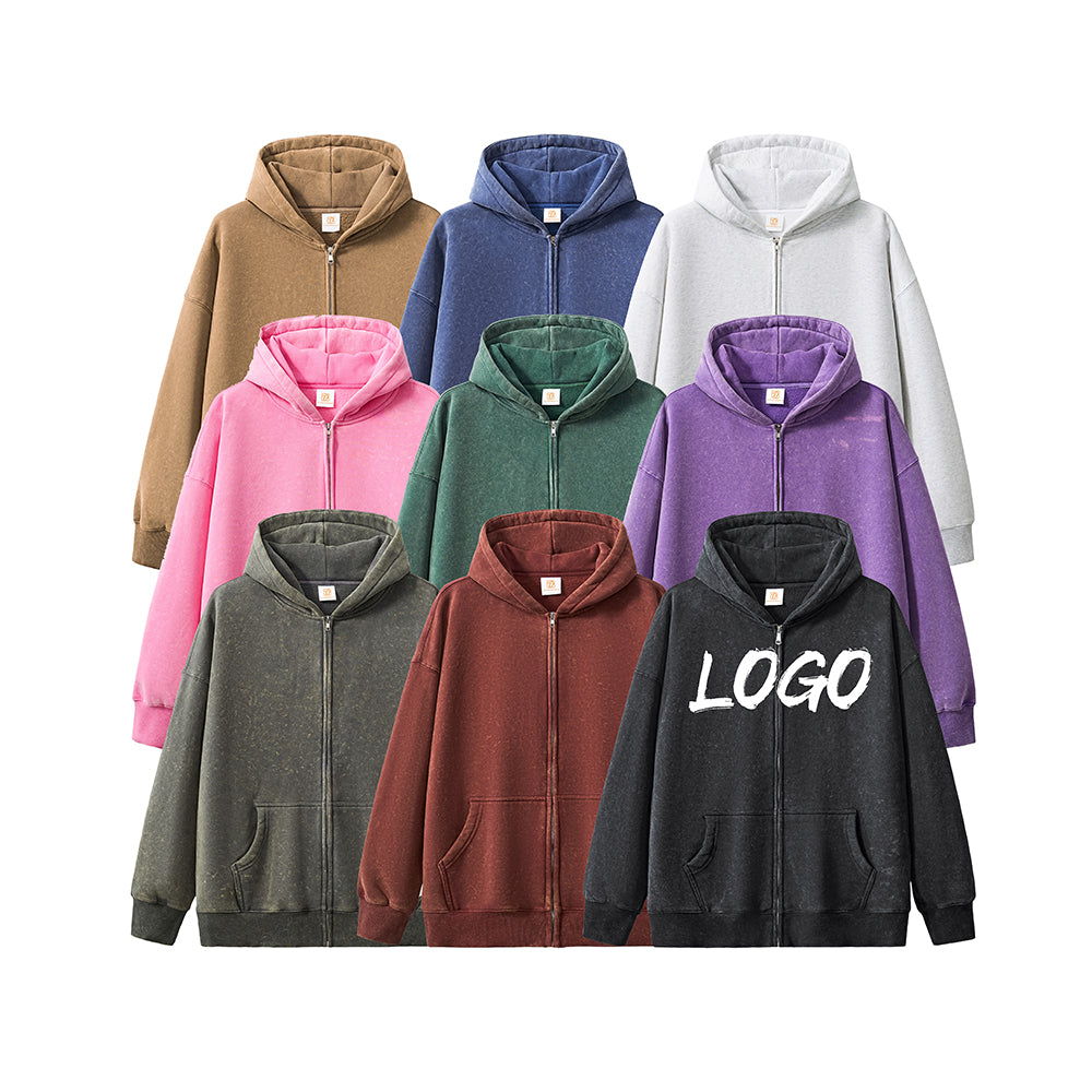 Custom Zip up Hoodies Blank Fleece High Quality Drop Shoulder Acid Wash Heavyweight Screen Printed Streetwear Fashion Hoodies