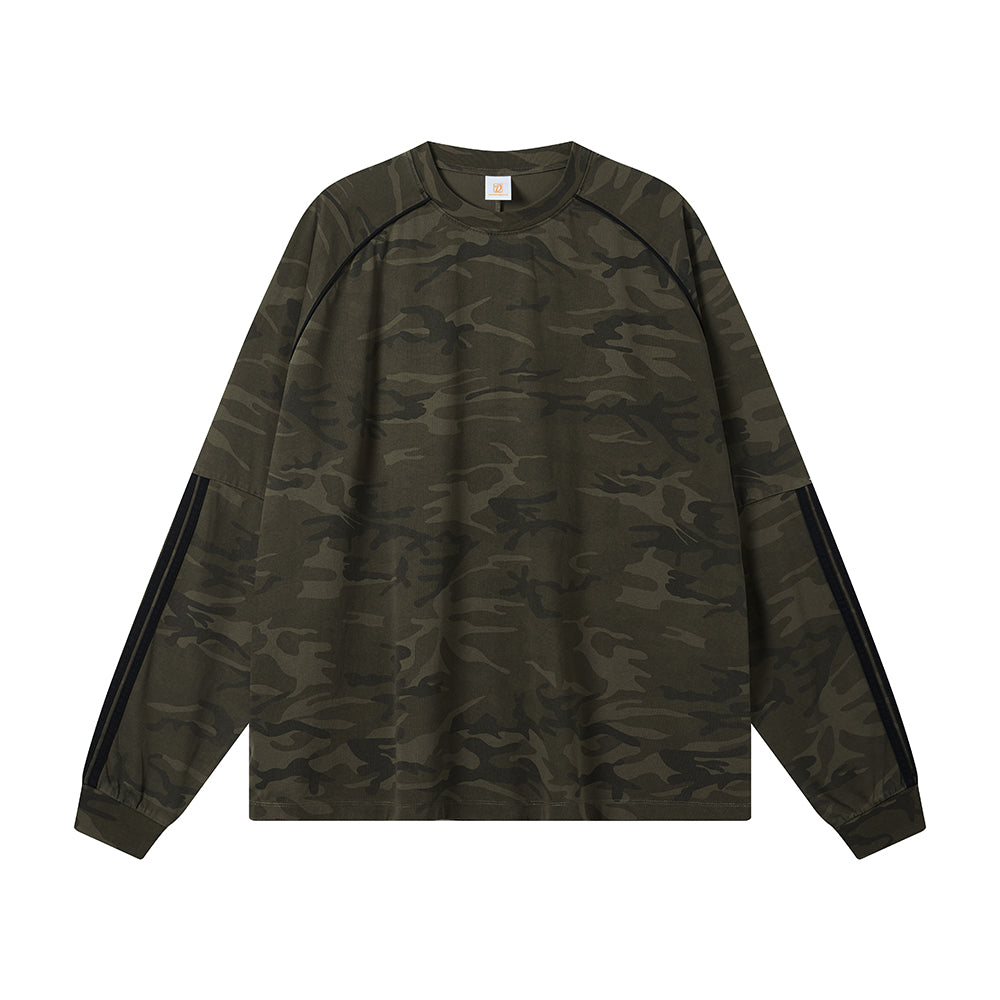 oem Sporty Woven Tape Patchwork Camouflage Long Sleeved t Shirt for Men Trendy Brand Small Collar Shoulder Long Sleeves Tshirt