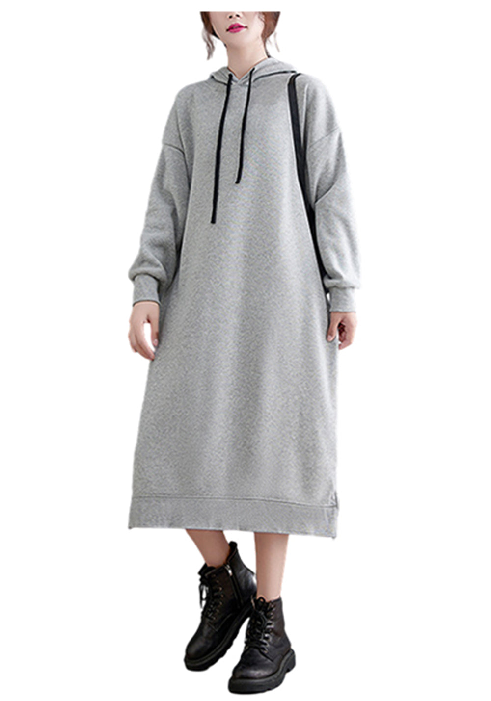 Manufacturer Hoodies 3 Color Fleece Lined Casual Hooded Drawstring Solid Color Mid Length Long Sleeved Pullover Dress for Women