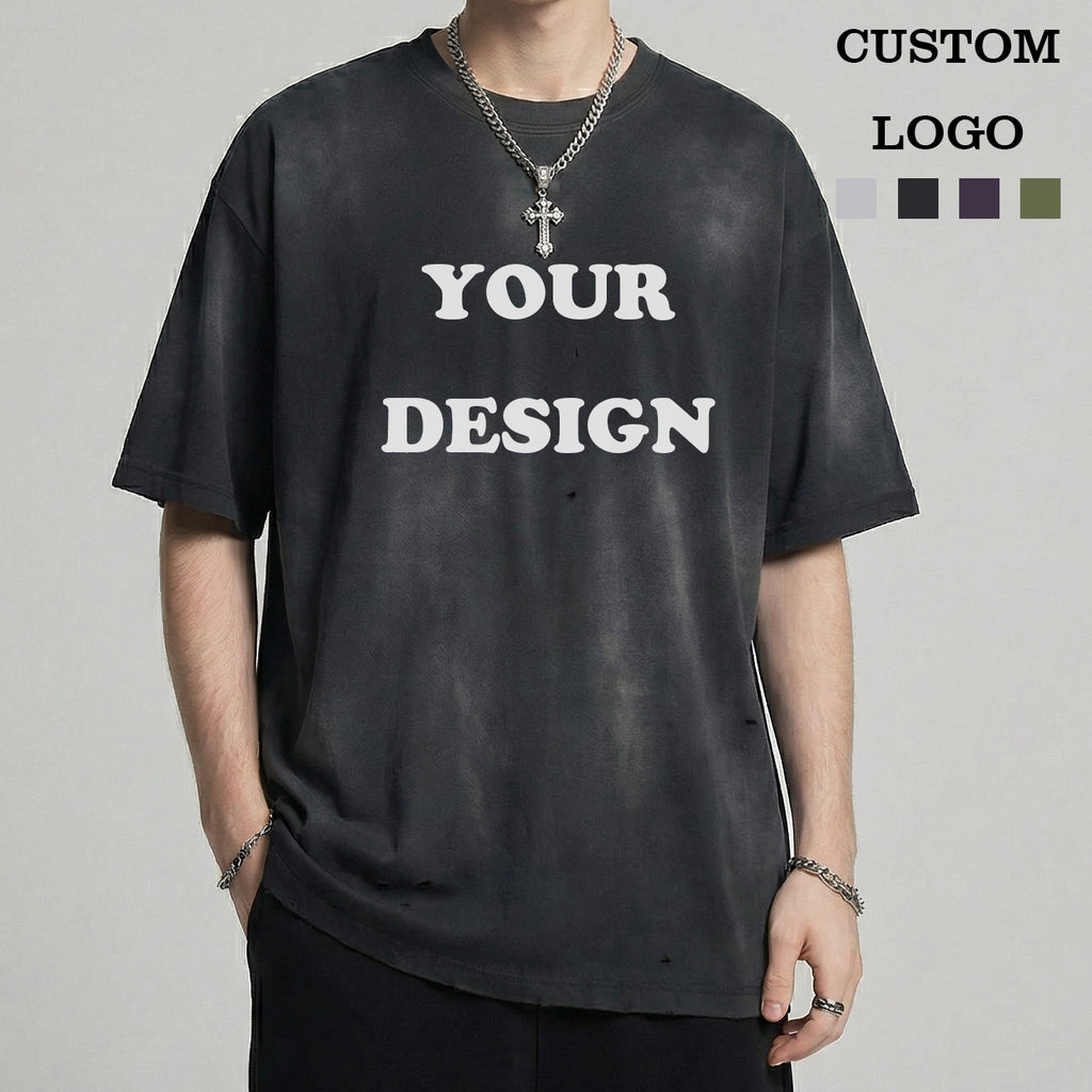 Wholesale T-shirt Custom Washed Blank High Quality Round Neck 100% Cotton Casual Streetwear Distressed Embroidery Black t Shirt