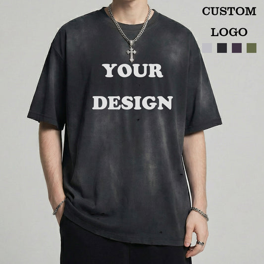 Wholesale T-shirt Custom Washed Blank High Quality Round Neck 100% Cotton Casual Streetwear Distressed Embroidery Black t Shirt