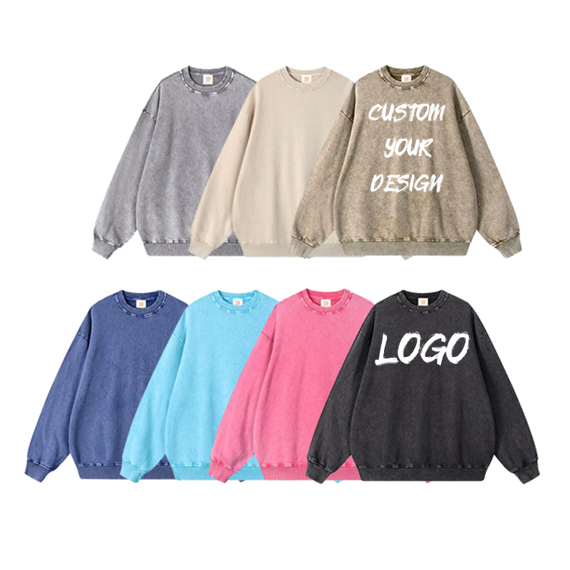 Men's Hoodies Loose Crewneck Custom Acid Washe Heavy Cotton Pure Color 2026 New Style Fashion Puff Printing High Quality Hoodies
