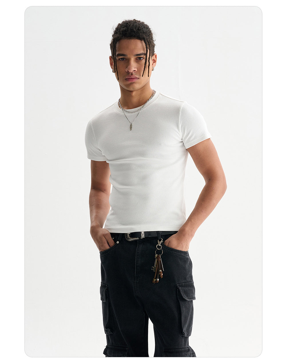 Can Design Patterns for You for Free Form Fitting Threaded T Shirt Casual Round Neck Close Fitting Solid Color Men's T Shirt