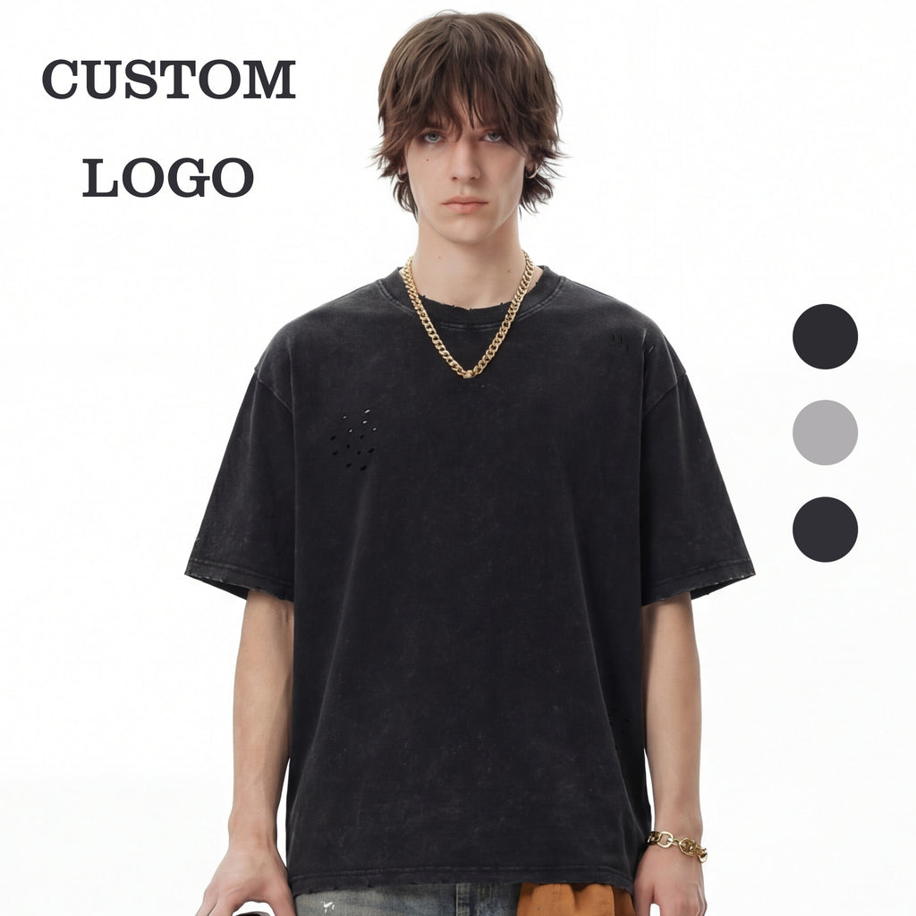 Men's T-shirts Heavyweight Casual 100% Cotton Round Neck Broken Fashion New Design Streetwear High Quality Washed T-shirt