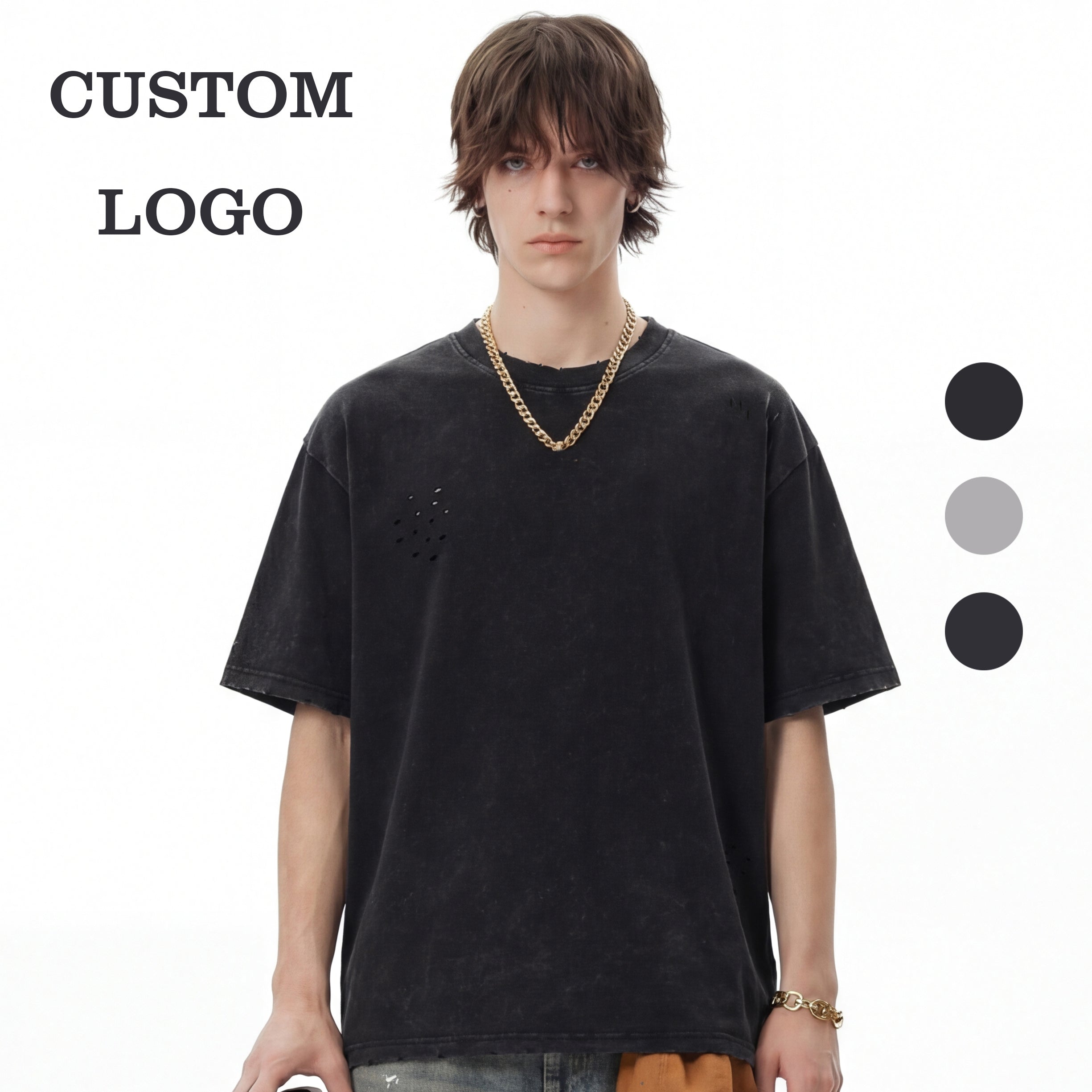 Men's T-shirts Heavyweight Casual 100% Cotton Round Neck Broken Fashion New Design Streetwear High Quality Washed T-shirt