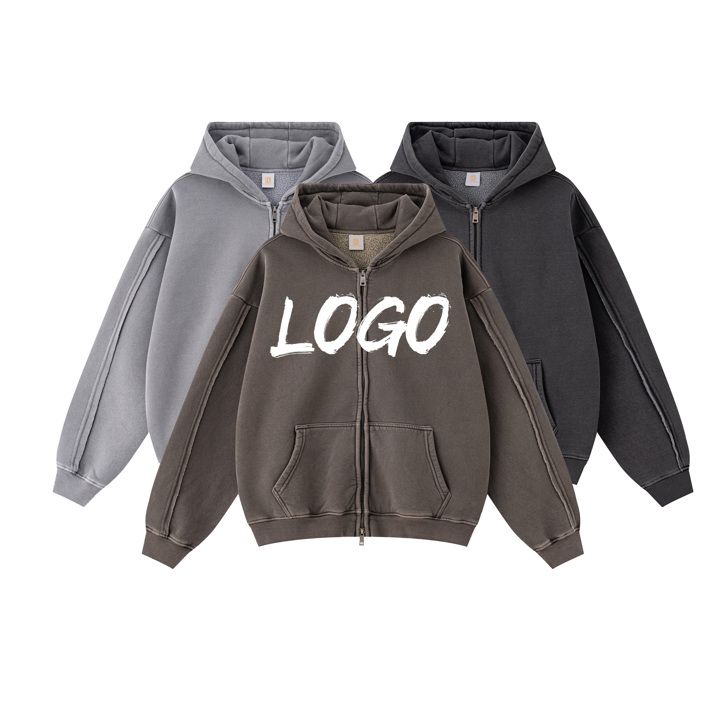 Wholesale Hoodies Blank Double Zipper Sublimation Embroidered Fleece Heavyweight Acid Wash Drop Shoulder Plain Hoodies in Bulk