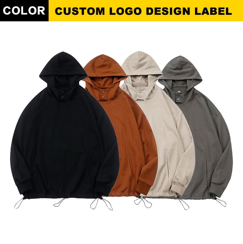 Wholesale Overdized Hoodie Heavyweight Puff Printing Metal Snap Windproof Cap Pullover High Quality Pocket Drawstring Hoodies