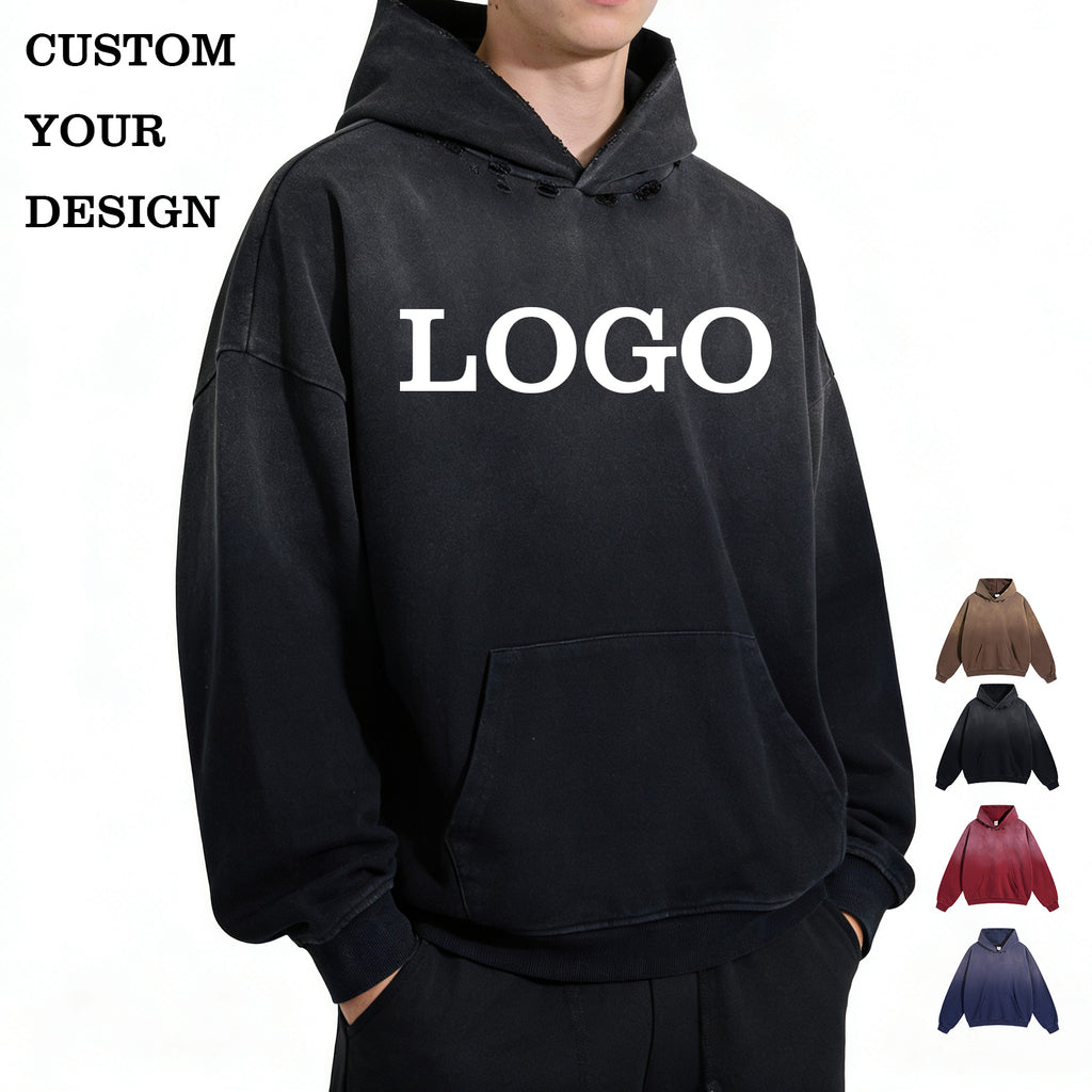 Men's Hoodies Streetwear Heavyweight Broken Custom Acid Wash Streetwear Puff Printing High Quality Plain Hoodies in Bulk