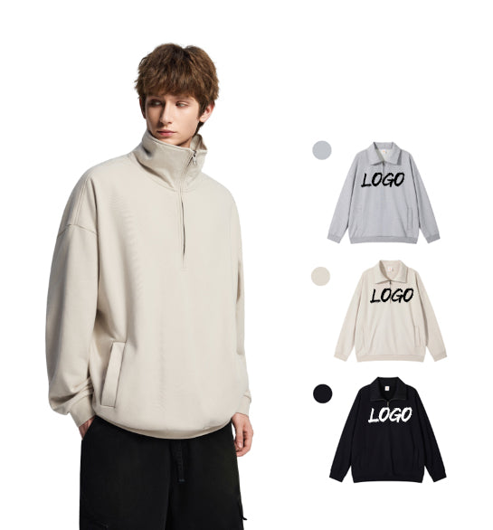 Oem Wholesale Hoodies Custom Half Zip Stand Collar High Quality Terry Fashion Heavyweight Screen Printed Men's Hoodies