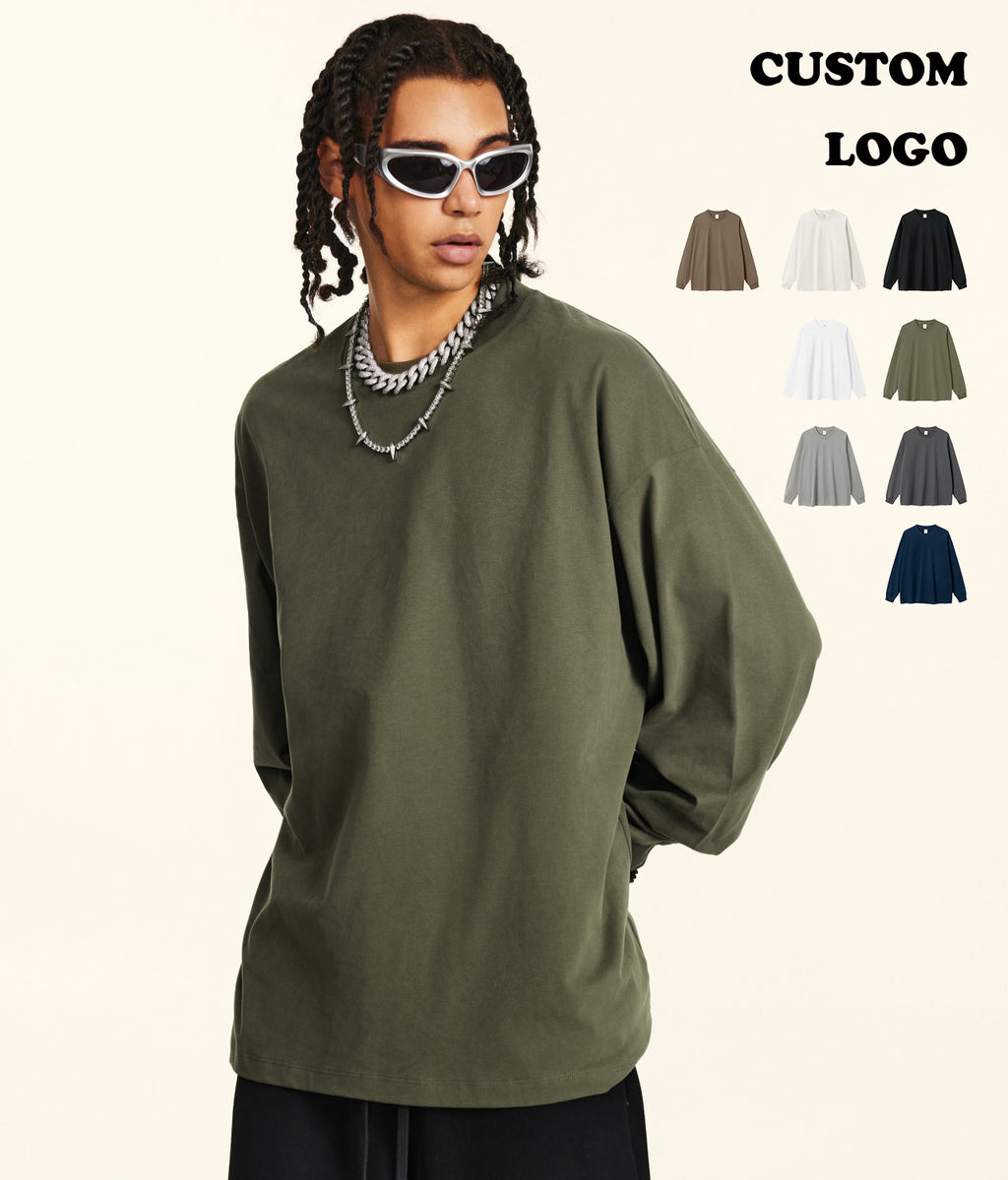 Streetwear T-shirt Loose High Quality Sport Round Neck Custom logo Pure Color Blank New Design Long Sleeve Personalized T-shirt