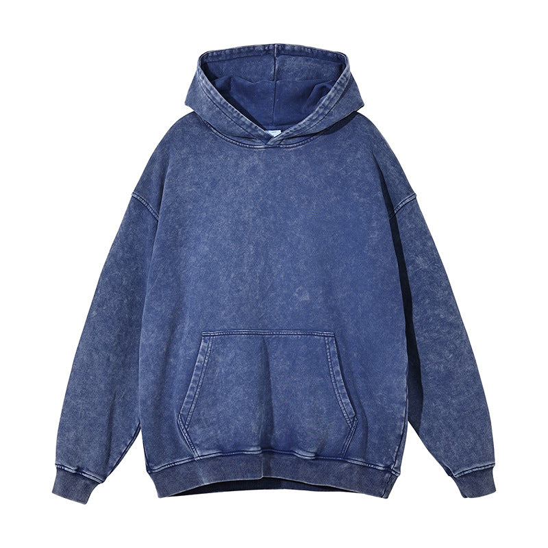 Custom Retro Circle 100% Cotton Waxed Distressed Hooded Sweatshirt Loose Washed Long Sleeved No Collar Rope Sweatshirt Oversized