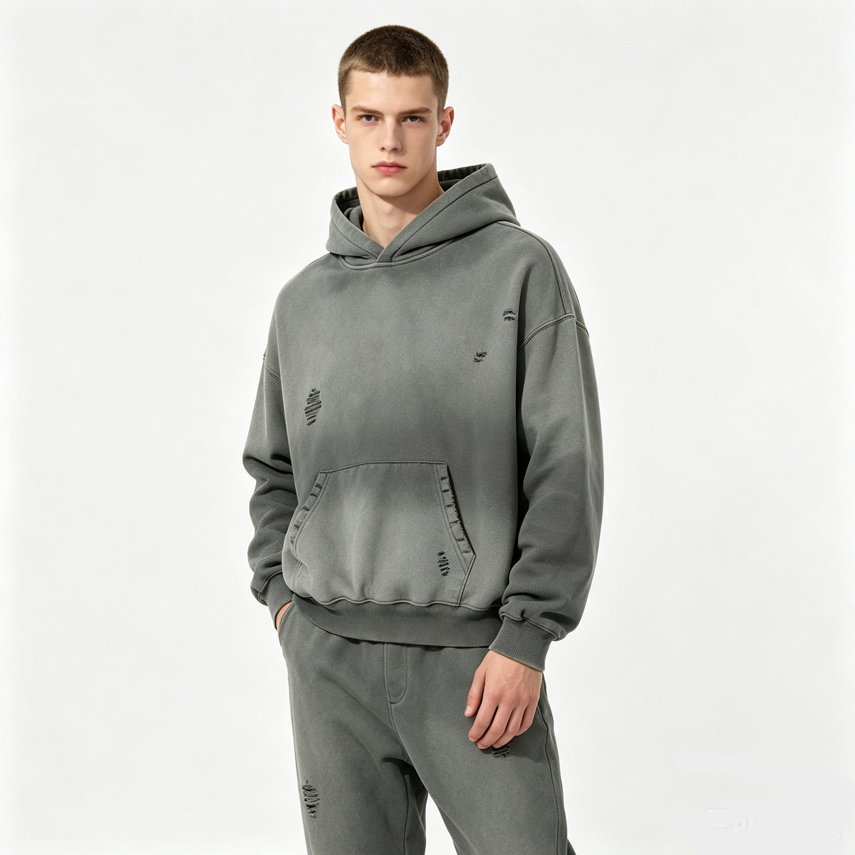 Wholesale 370gsm Thick Fleece Loose Short sleeved Hoodie with Water Washed Gradient Hood Heavyweight Hoodies Men Winter Style