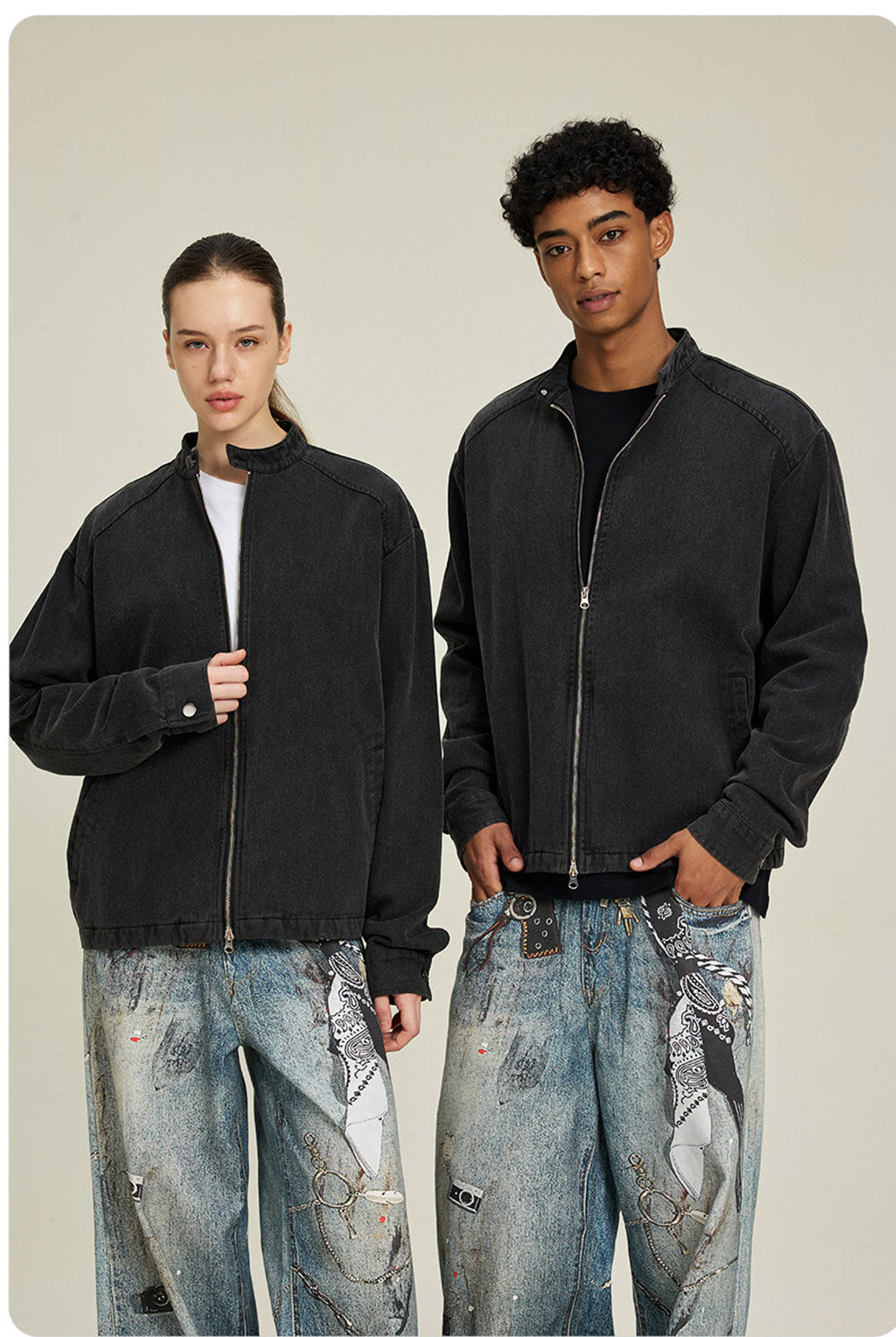 Button Down Jacket with a Stand up Collar Vintage Men's Coat Boxy Short and Wide Top Zip up Hoodie Autumn and Winter Style