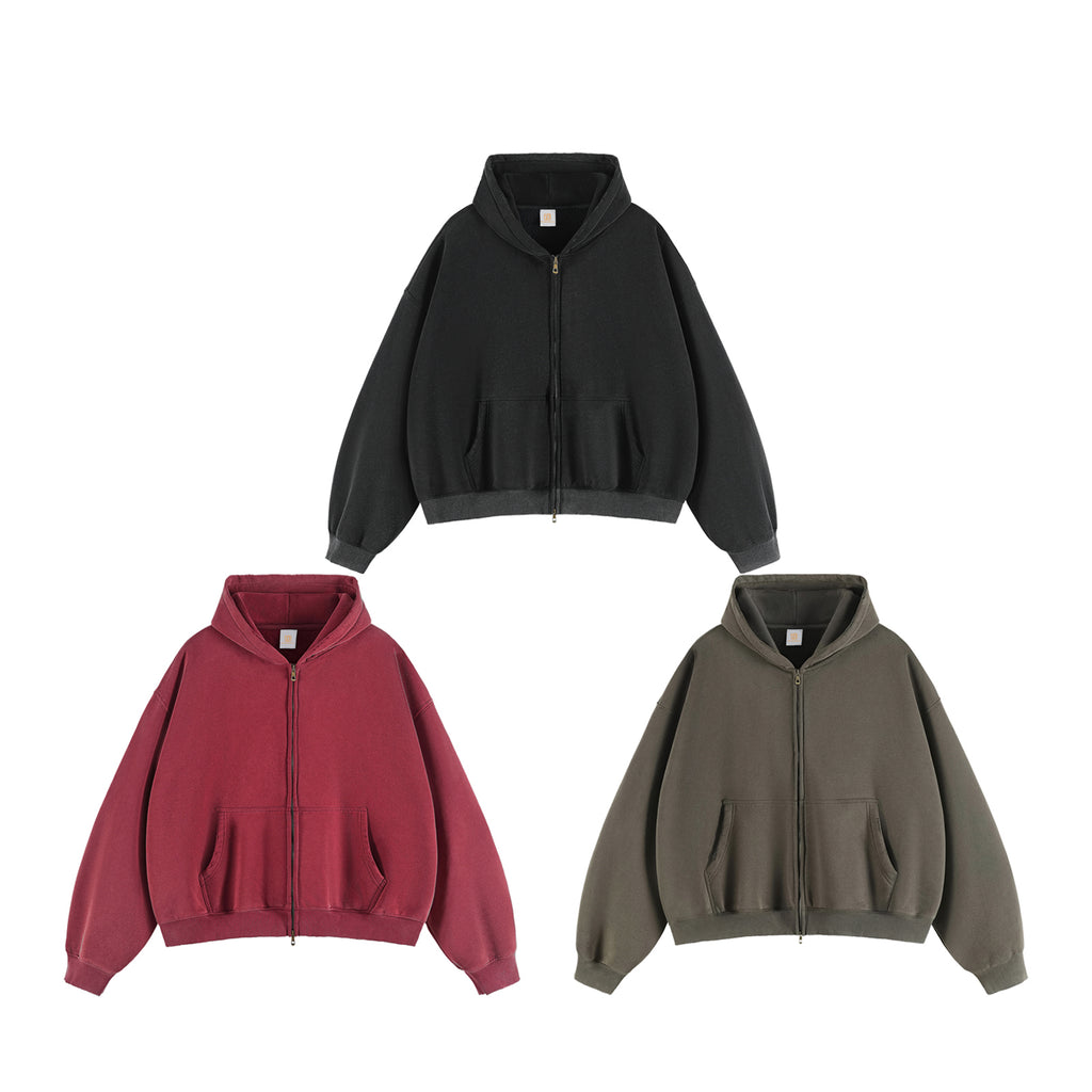 Top Quality Custom Full Zip 350G Heavyweight Streetwear Boxy Fleece Hip-hop Acid Wash Puff Printing Hoodie Manufacturers