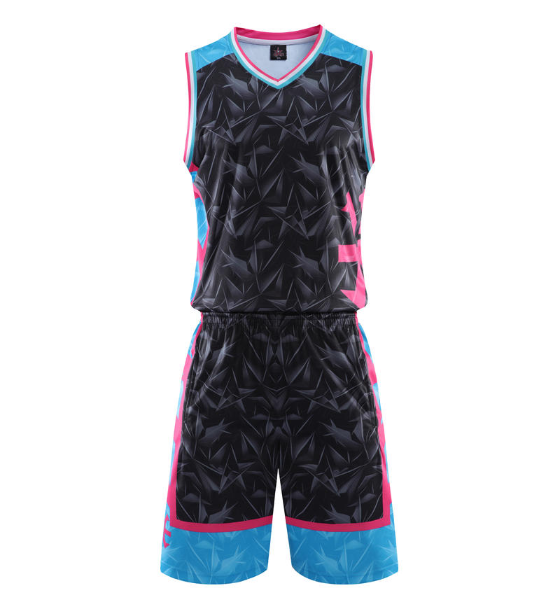 Wholesale Customized 5 Color Men's and Women's 100% Polyester Fiber V Neck Basketball Uniform Set Basketball Jacquard Fabric